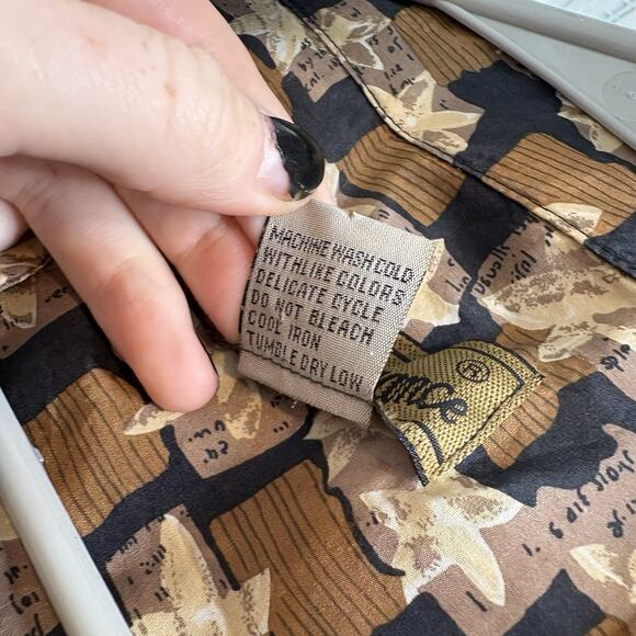 Vintage Cote de France Women's Brown Silk Abstract Print Button Up Shirt Size 2X - Picture 6 of 11